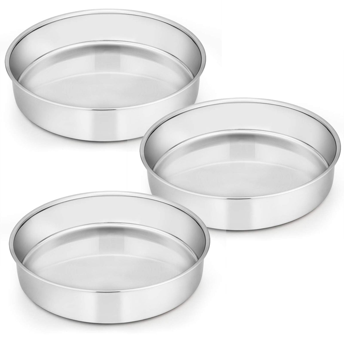 E-far 8 Inch Cake Pan Set of 3, Stainless Steel Round Layer Cake Baking Pans, Non-Toxic & Healthy, Mirror Finish & Dishwasher Safe
