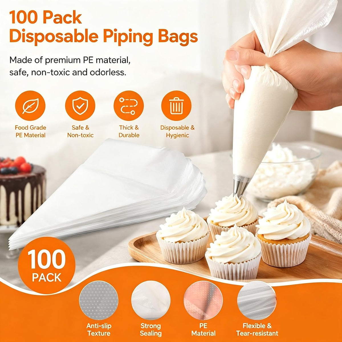 24'' Extra Large Piping Bags Disposable, 100 Pcs Thickened Piping Bags