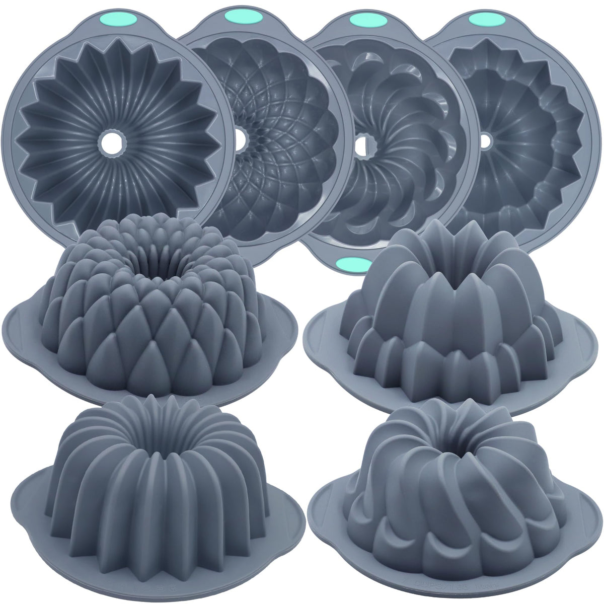 Tongjude 4 Pieces Silicone Fluted Cake Pans, 6/7/8 Cups Tube Baking Pan, Non-Stick Kitchen Oven Baking Pans, Silicone Molds for Homemade Cake, Bread and Jello, Grey