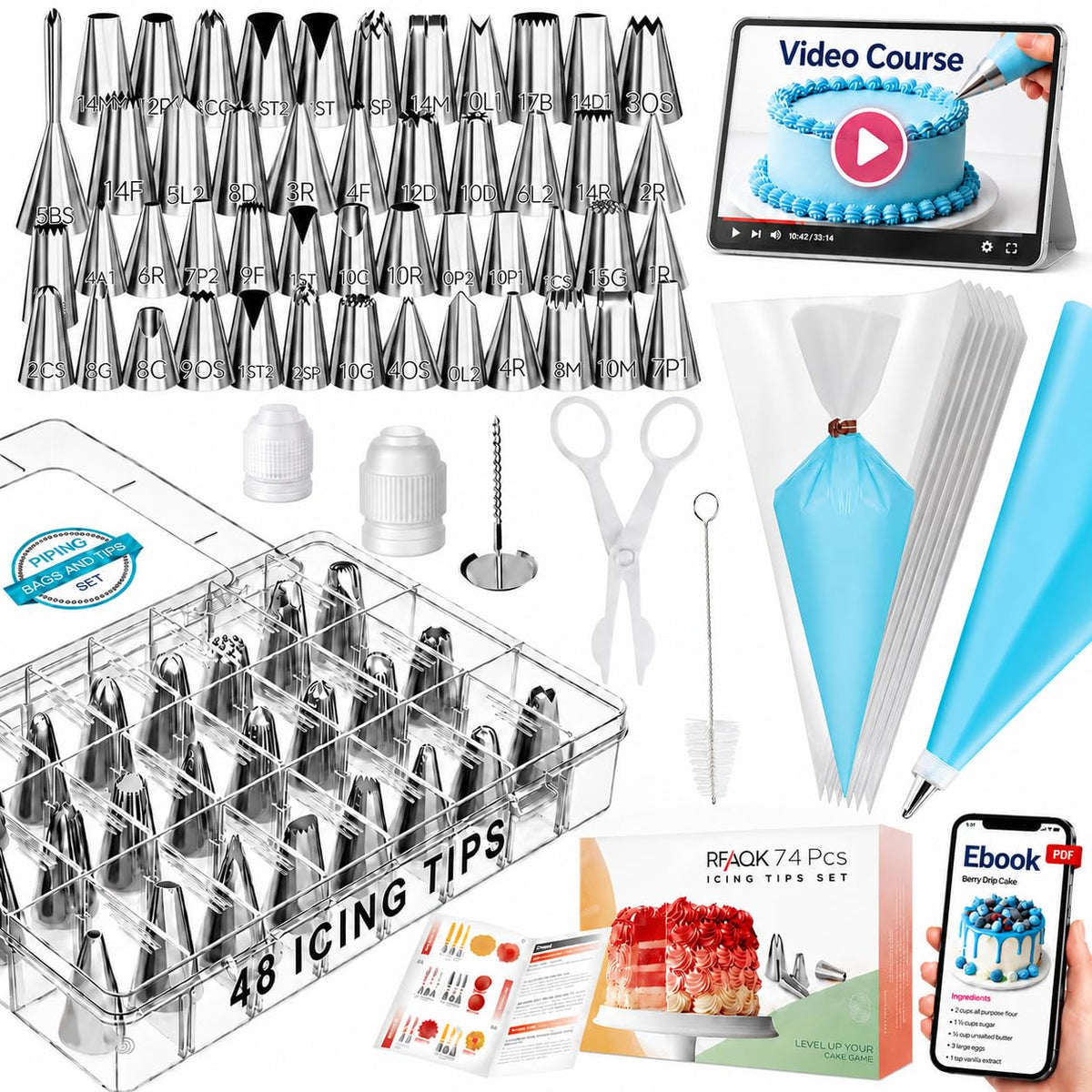 RFAQK 74PCs Icing Piping Bags and Tips Set, Cake Decorating Kit with 48-Numbered Piping Tips, 12inch Anti Burst Pastry Bags, Booklet, E-book & Complete Video Course for Cookie Cupcake Cake Decoration