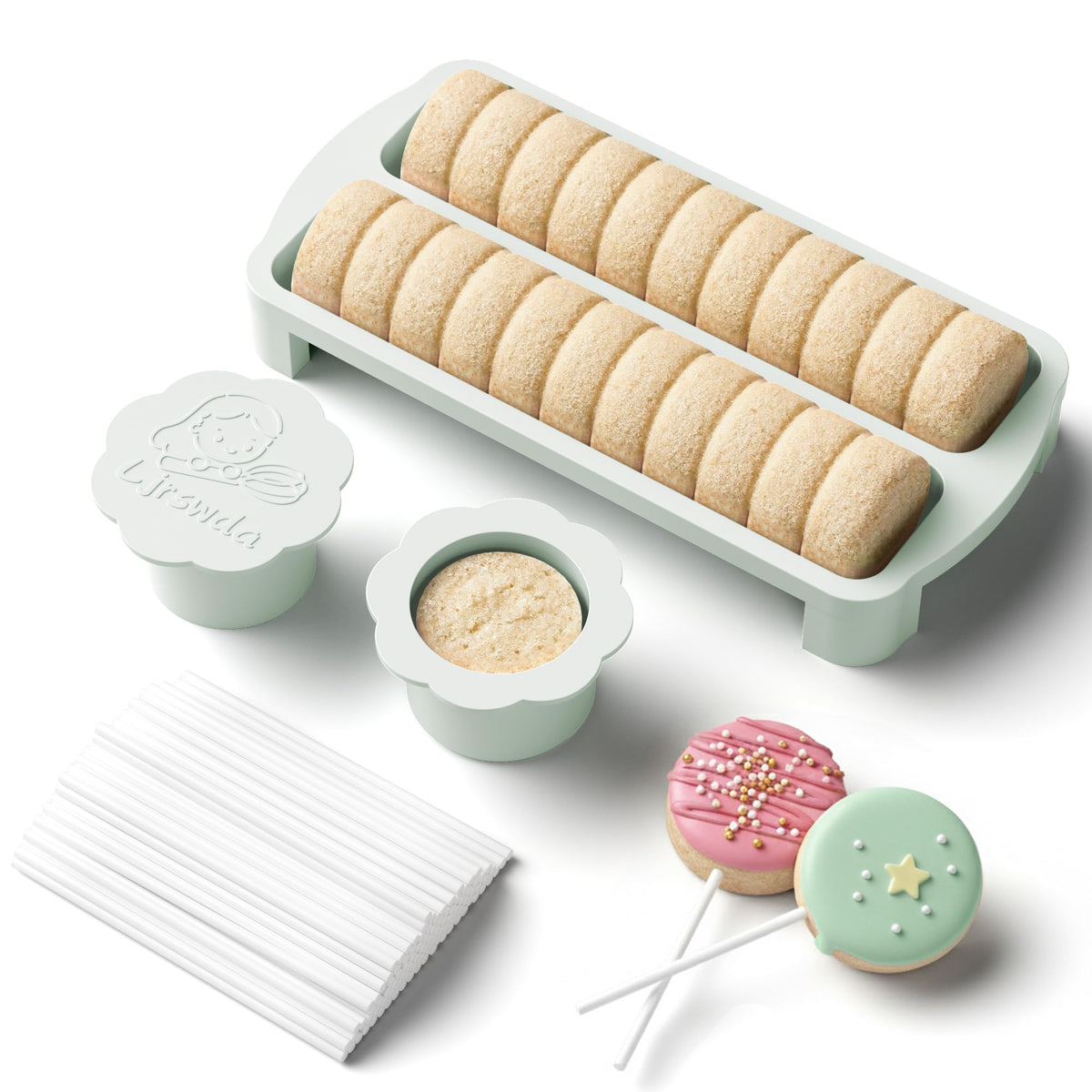 Round Cake Pop Mold Kit with Sticks Non-3D Printed Cutter Pusher Set White