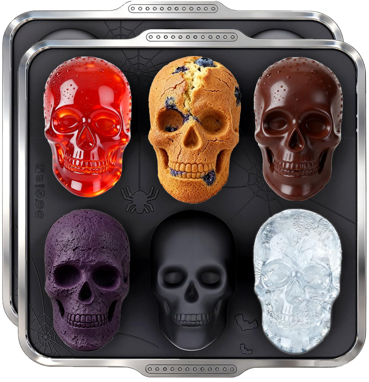 Silicone Skull Cake Pan with Metal Framed - 6 Cavity Skull Baking Pan & Silicone Mold for Halloween Parties & Baking Fun | Food-Safe Non-Stick Ice Cube Tray, Cupcake Maker
