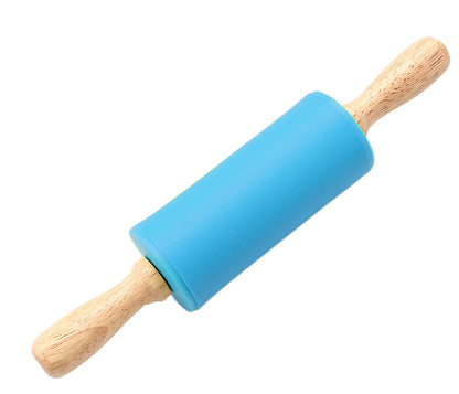 Silicone Rolling Pin, Green 9 Inch Pin with Wooden Rotatable Handle for Dough of Baking Bread, Cookie, Pizza (green, 9 inch)