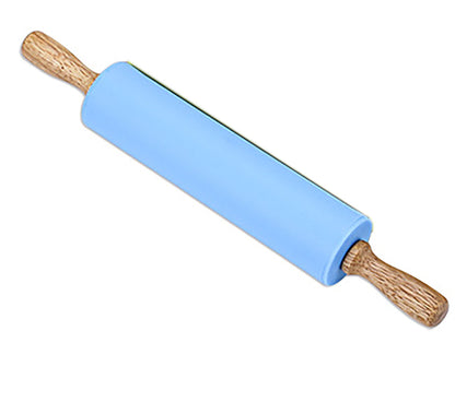 Silicone Rolling Pin, Green 9 Inch Pin with Wooden Rotatable Handle for Dough of Baking Bread, Cookie, Pizza (green, 9 inch)