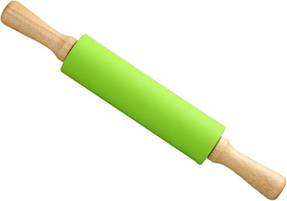 Silicone Rolling Pin, Green 9 Inch Pin with Wooden Rotatable Handle for Dough of Baking Bread, Cookie, Pizza (green, 9 inch)