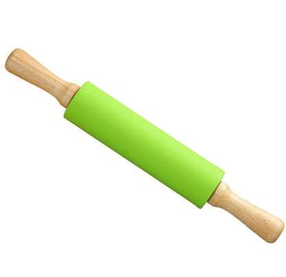 Silicone Rolling Pin, Green 9 Inch Pin with Wooden Rotatable Handle for Dough of Baking Bread, Cookie, Pizza (green, 9 inch)