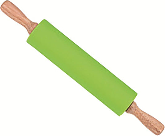 Silicone Rolling Pin, Green 9 Inch Pin with Wooden Rotatable Handle for Dough of Baking Bread, Cookie, Pizza (green, 9 inch)