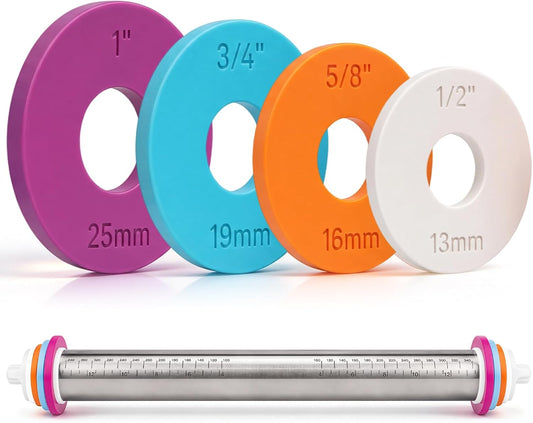 4 Pack Rolling Pin Guide Rings, Dough Thickness Spacer Guides, 0.75" Center Hole, 4 Sizes Metric & Imperial Baking Accessories, Compatible with Adjustable Rolling Pins