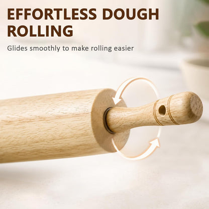 KARRYOUNG Natural Rubberwood Rolling Pin with Handles – Smooth Dough Roller for Pizza, Pie Crust, Cookies, Fondant & Tortillas – Durable Kitchen Baking Essential, Rodillo Para Masa