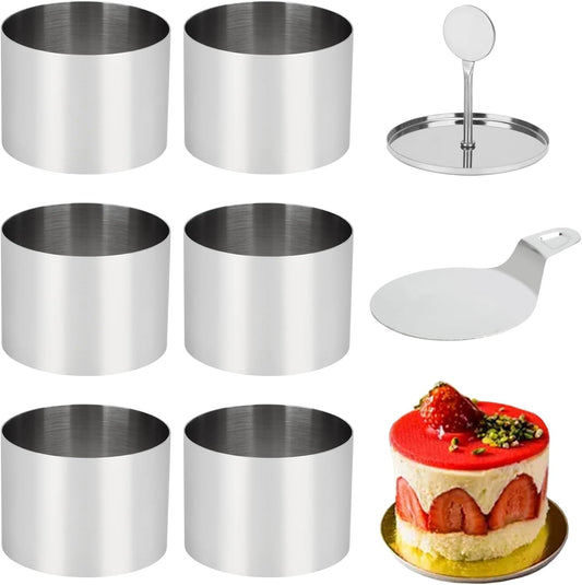 6 Pack Cake Ring Molds with 1 Pusher 1 Lifter, 3 Inch Seamless Mini Cheese Cake Cutter Ring Set, Stainless Steel Mini Food Mold for Mousse, Food Plating, Cookies, Baking (Round)