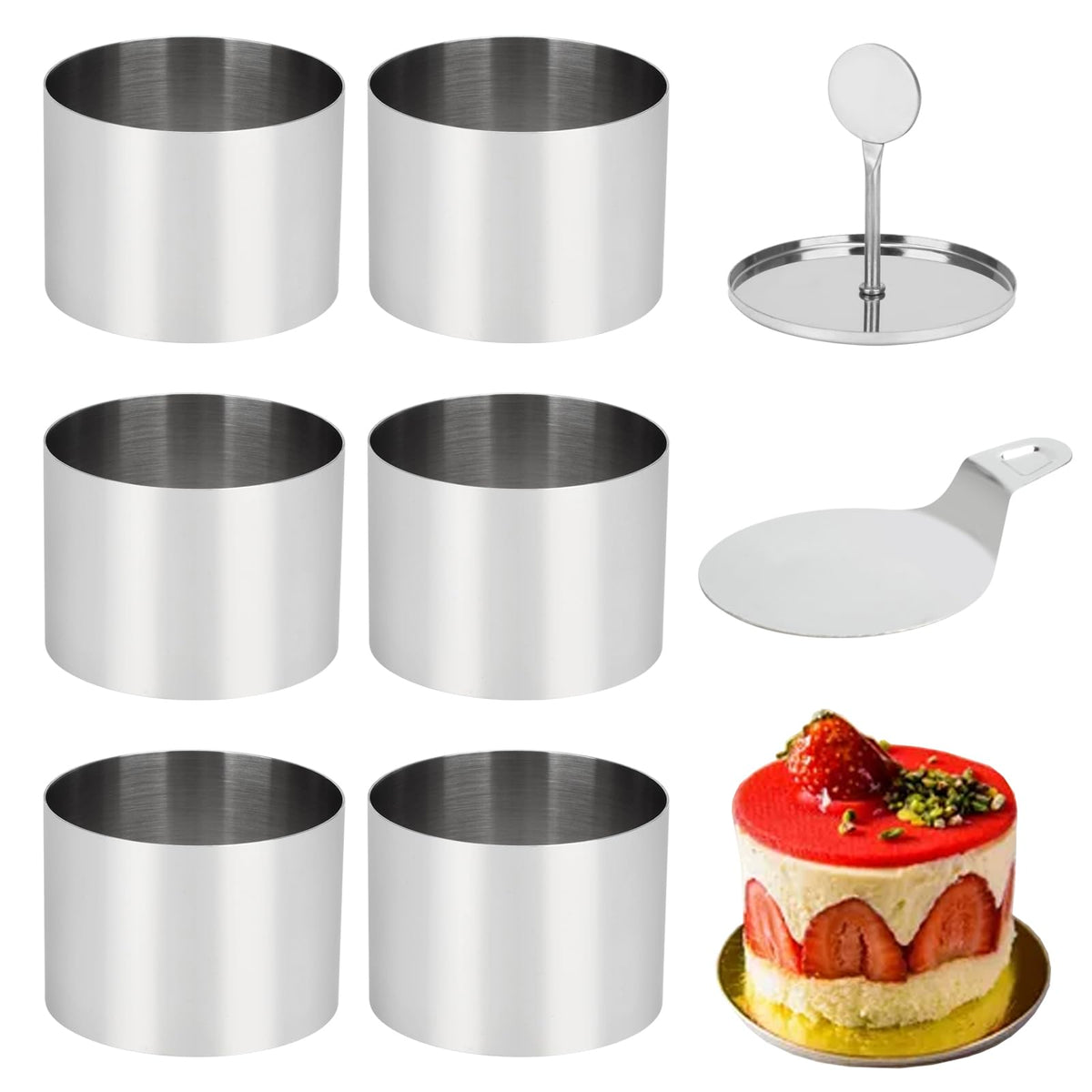 6 Pack Cake Ring Molds with 1 Pusher 1 Lifter, 3 Inch Seamless Mini Cheese Cake Cutter Ring Set, Stainless Steel Mini Food Mold for Mousse, Food Plating, Cookies, Baking (Round)