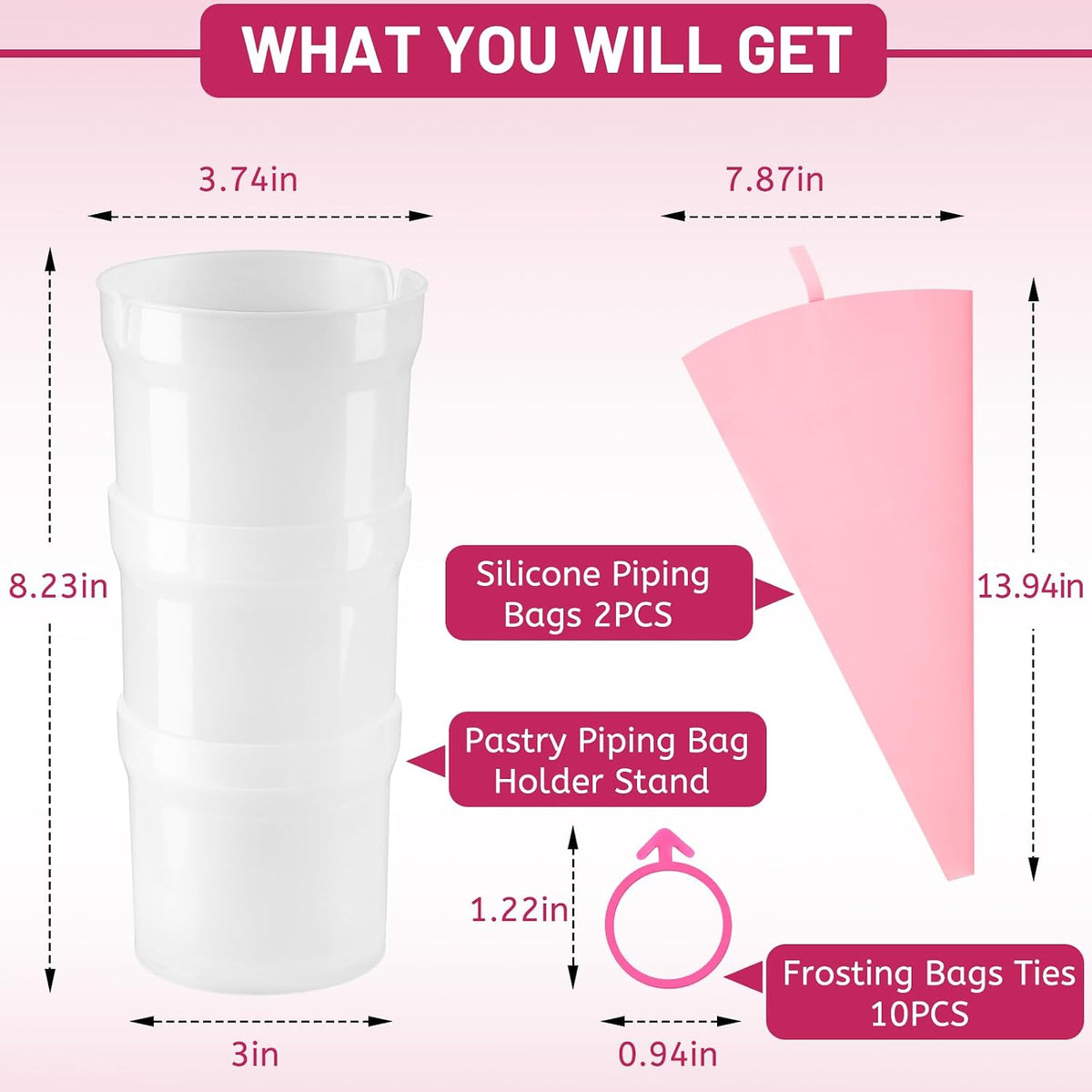 Piping Bag Holder Stand for Filling, Pastry Piping Bag Holder Stand, Clear Cream Icing Bag Holder with 2 Pack 14 Inch Reusable Piping Bags & 10Pcs Pastry Bag Ties