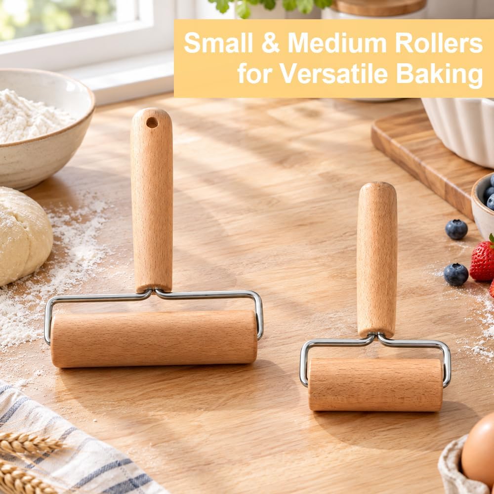 2Pcs Wooden Rolling Pins Set, T Shape Dough Roller for Pizza Cookie Baking