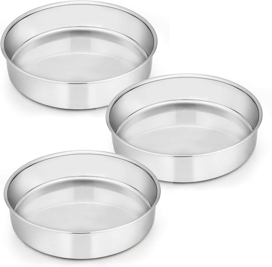 E-far 8 Inch Cake Pan Set of 3, Stainless Steel Round Layer Cake Baking Pans, Non-Toxic & Healthy, Mirror Finish & Dishwasher Safe