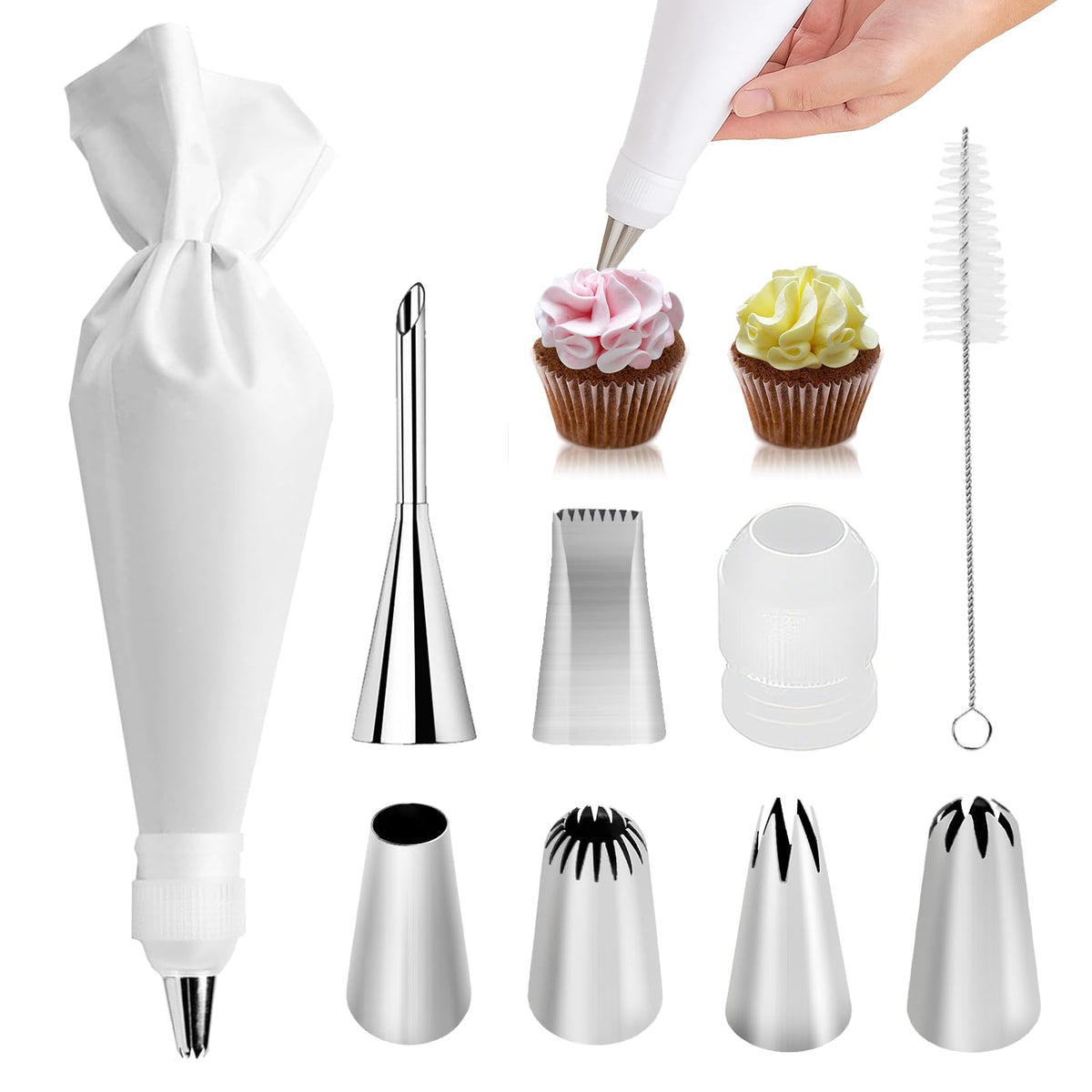 9-Piece Reusable Piping Bags and Tips Set with Stainless Steel Nozzles