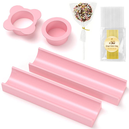 Round Cake Pop Mold Set with 50PCS Sticks Bags Ties,1.75 Inch Cake Pop Cutter and Pusher,Dishwasher Safe Baking Molds for Birthday Wedding Kids Party Desserts-Pink