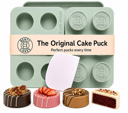 Benty Cakes – The Original Cake Puck Mold Set – Better than a Cake Pop! Make Chocolate Covered Desserts – BPA Free Silicone – Includes 1 Mold Set, 1 Plastic Tray and 1 Scraper – Green