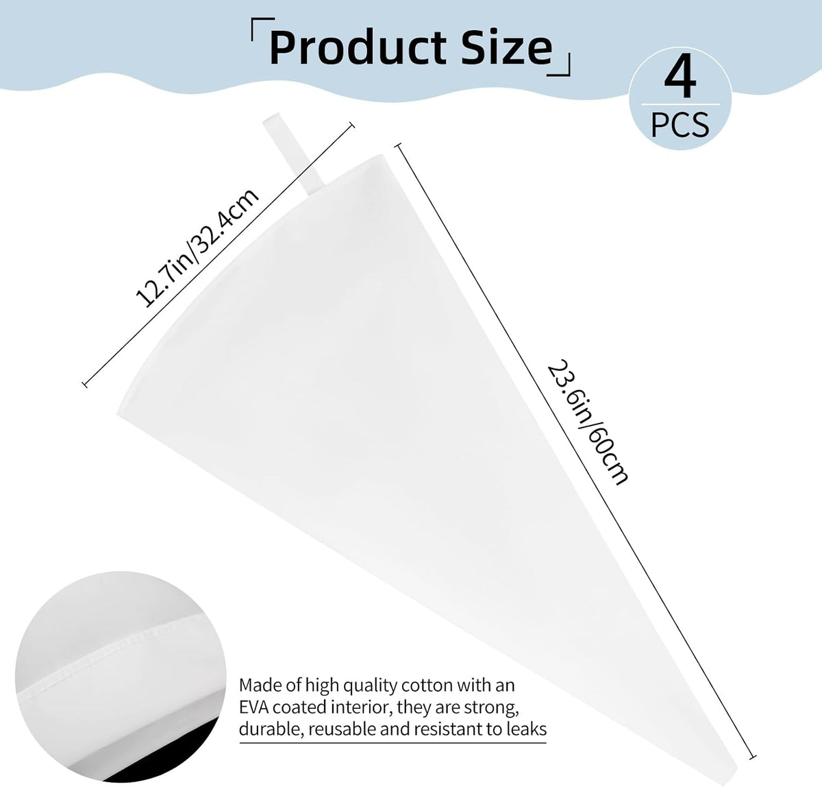4 Pack 24 Inch Extra Large Reusable Piping Bags,Cotton Cloth Pastry Bags with Plastic Coating, Professional Tipless Icing Bags for Cake Decorating Cupcakes Cookies Desserts and Baking Supplies