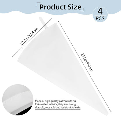4 Pack 24 Inch Extra Large Reusable Piping Bags,Cotton Cloth Pastry Bags with Plastic Coating, Professional Tipless Icing Bags for Cake Decorating Cupcakes Cookies Desserts and Baking Supplies
