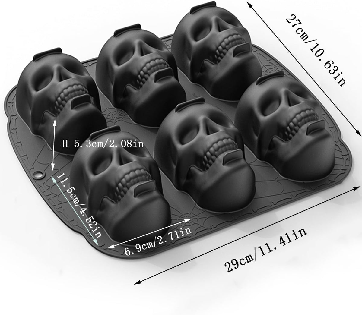 6 Cavities Large Skull Cake Pan Silicone Mold - 3D Skull Ice Cube Mold, Halloween Silicone Molds Bpa Free for Chocolate, Jelly, Wax Melt, Ice Cubes, Gelatin and Resin