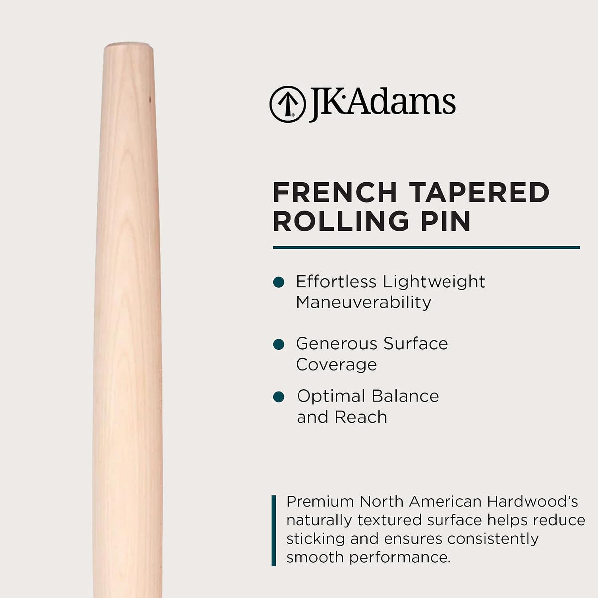J.K. Adams French Tapered Rolling Pin, Wooden Baking Dowel, 20.5" x 1.75"