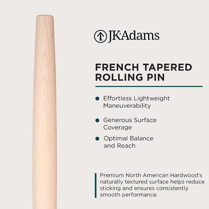 J.K. Adams French Tapered Rolling Pin, Wooden Baking Dowel, 20.5" x 1.75"