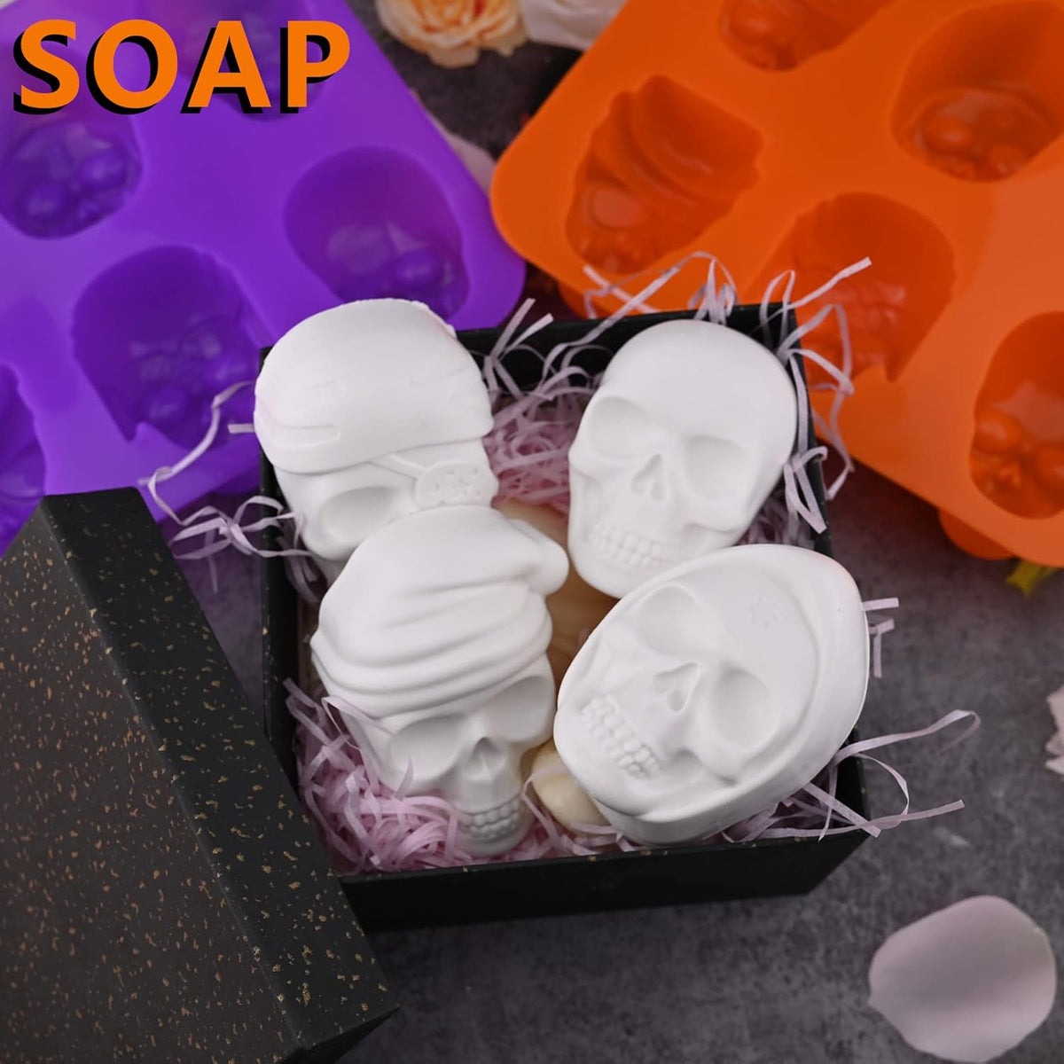 Sakolla Large Skull Cake Pan Silicone Mold, 2 Pack 6 Cavity Halloween Skull Cakelet Chocolate Molds Candy Pizza Baking Molds Handmade Soap Tray