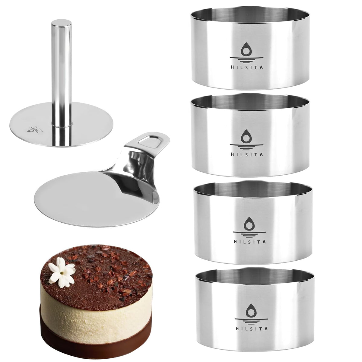 8 Pcs Cake Ring Molds, Seamless Stainless Steel Cake Cutter For Baking, 3 inch Cooking Rings with Pusher & Lifter, Dessert Mousse Molds Baking Tools, Includes 1 Pusher, 1 Lifter and 6 Rings