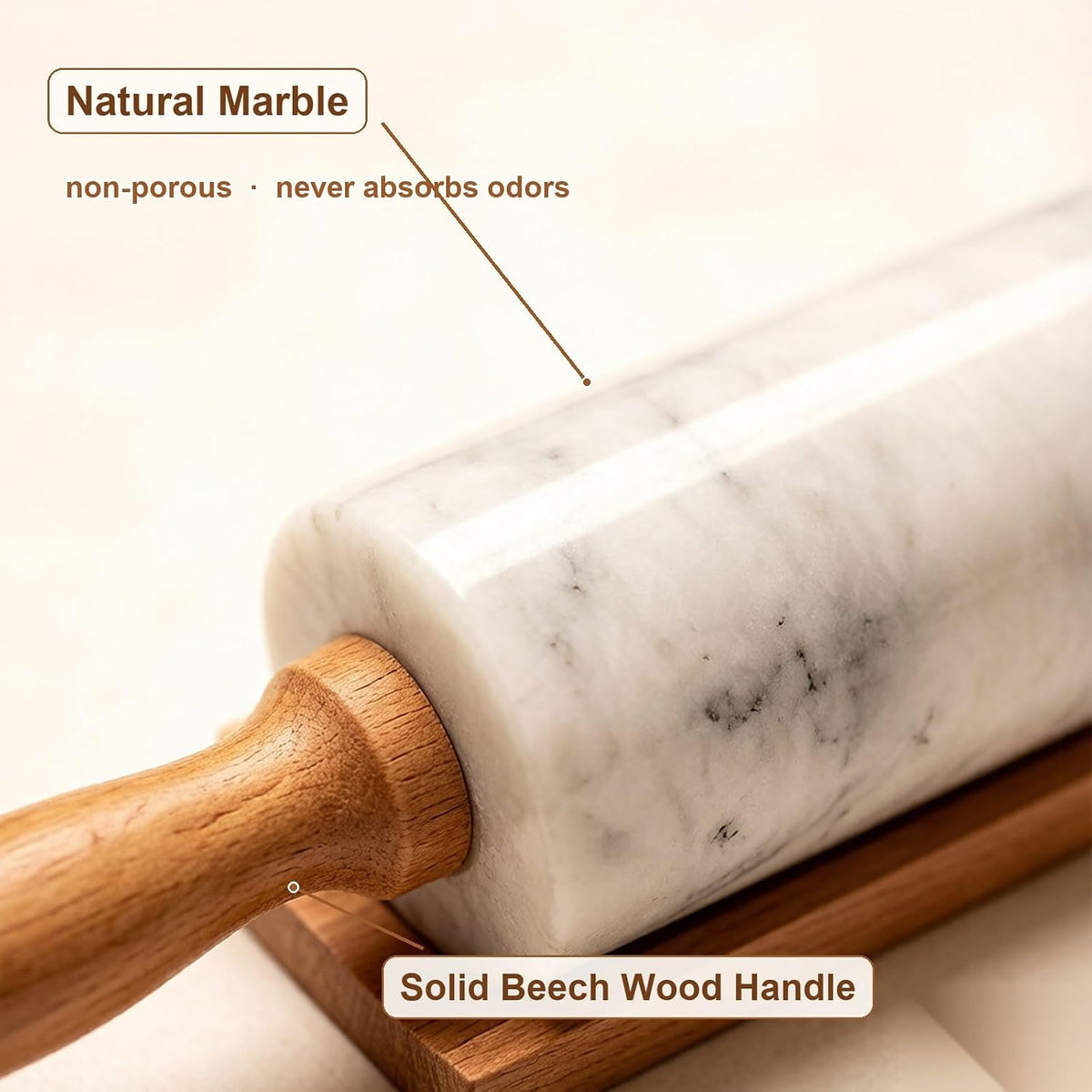 White small Marble Dough Rolling Pin for Baking, 8 inch Barrel