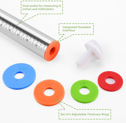 Adjustable Rolling Pin With Thickness Rings&Silicone Baking Pastry Mat Set