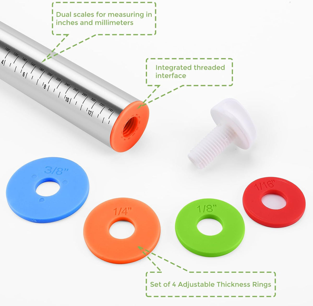 AMUZHI Adjustable Steel Rolling Pin, Screw Rings for Cake Pop Baking