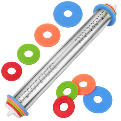 Stainless Steel Dough Roller Pins with Handle for Baking, Adjustable Rolling Pin with Thickness Rings for Cookie Decorating, Kitchen Baking Essential Tools for Fondant Cake Baker Pizza Cookie