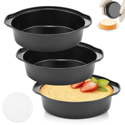 8 Inch Cake Pan - 3PCS Carbon Steel Round Cake Pans with 100 Pieces Parchment Paper, Non-stick & Easy Demolding, Non-toxic & Healthy