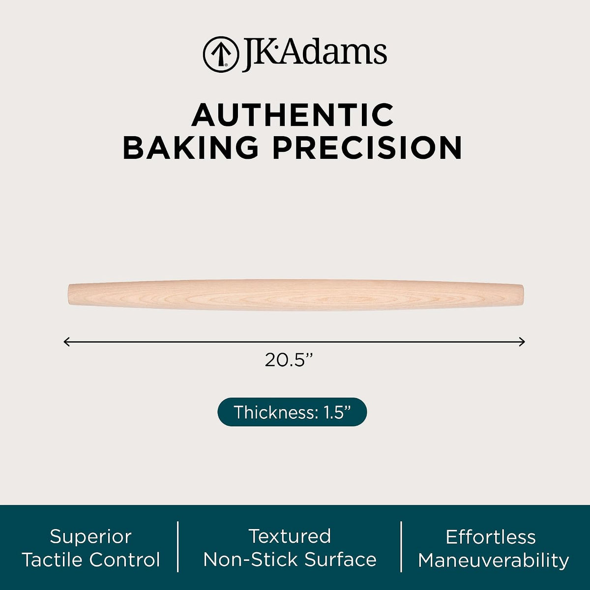 J.K. Adams French Tapered Rolling Pin, Wooden Baking Dowel, 20.5" x 1.5"