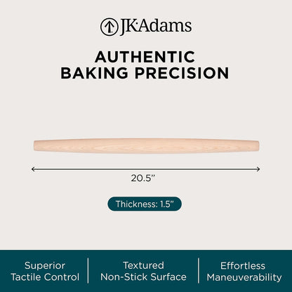 J.K. Adams French Tapered Rolling Pin, Wooden Baking Dowel, 20.5" x 1.5"