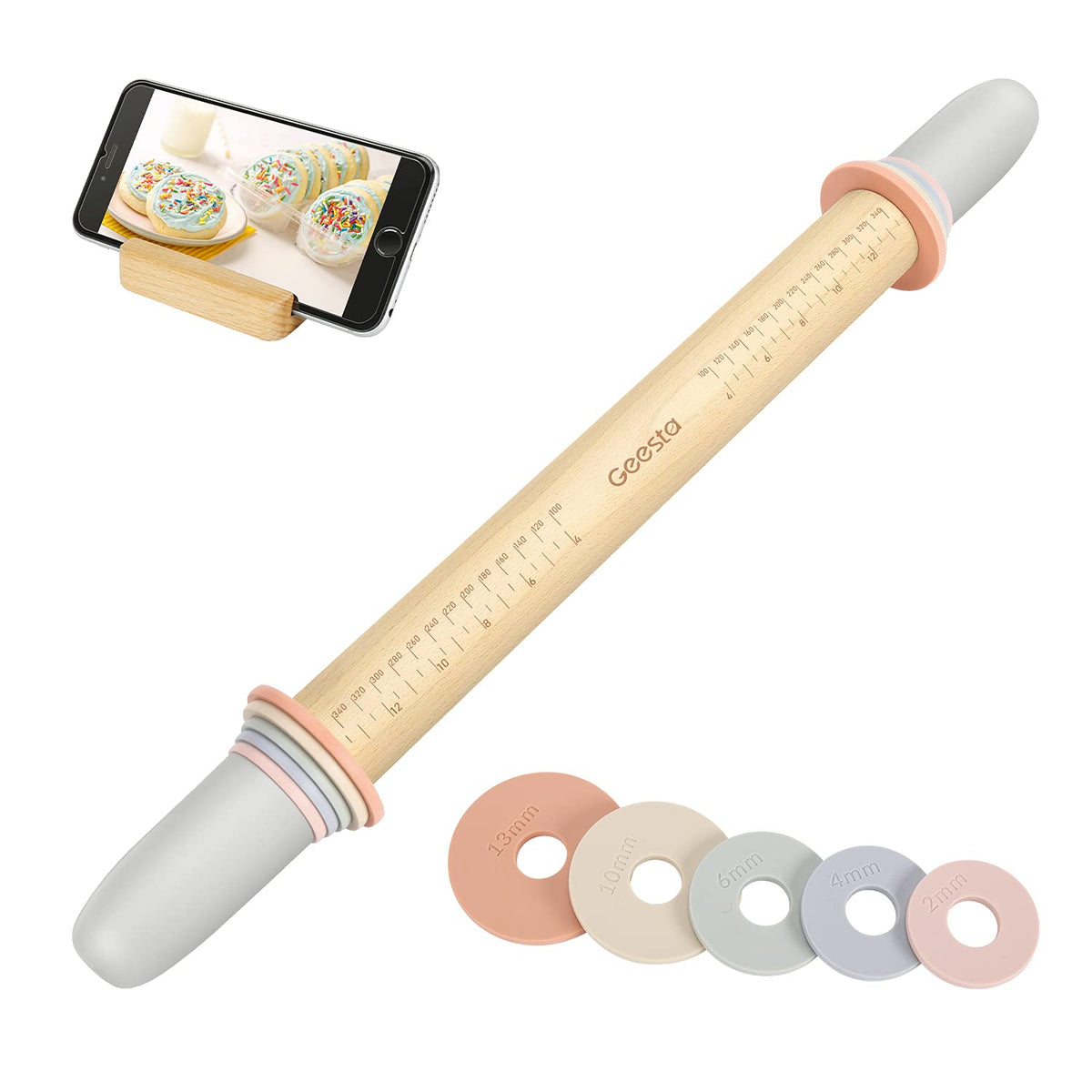 Geesta Adjustable Wood Rolling Pin with 5 Thickness Rings, Precise Dough Roller Handle Press Design with Measurement Guide for Baking Fondant, Pie Crust, Cookie, Pastry - Baking Essential