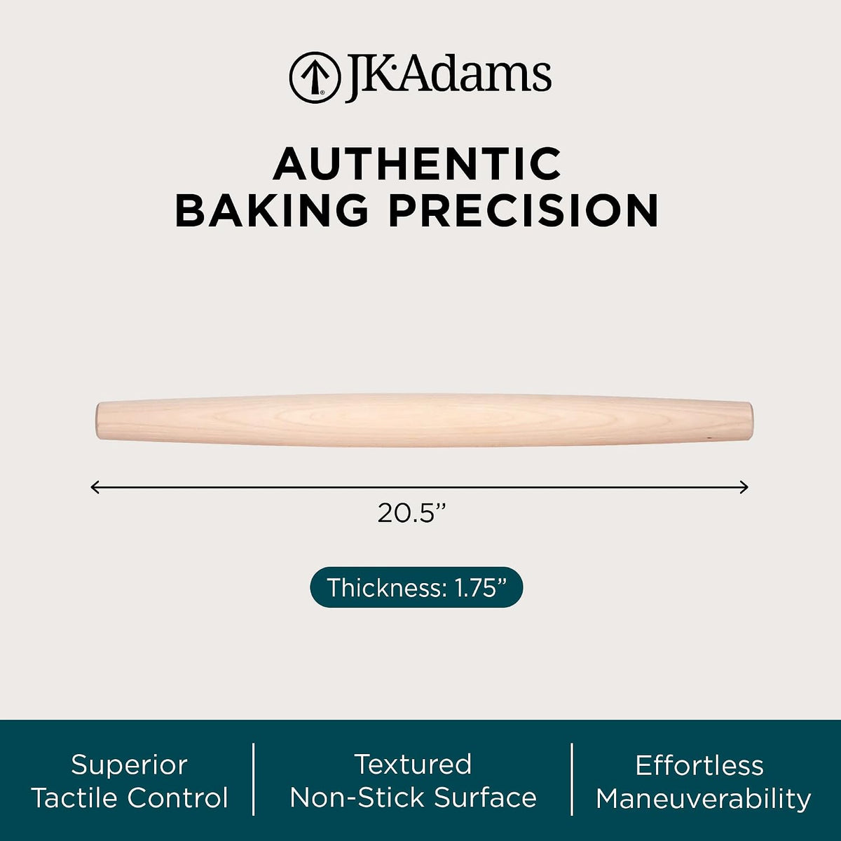 J.K. Adams French Tapered Rolling Pin, Wooden Baking Dowel, 20.5" x 1.75"