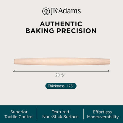 J.K. Adams French Tapered Rolling Pin, Wooden Baking Dowel, 20.5" x 1.75"