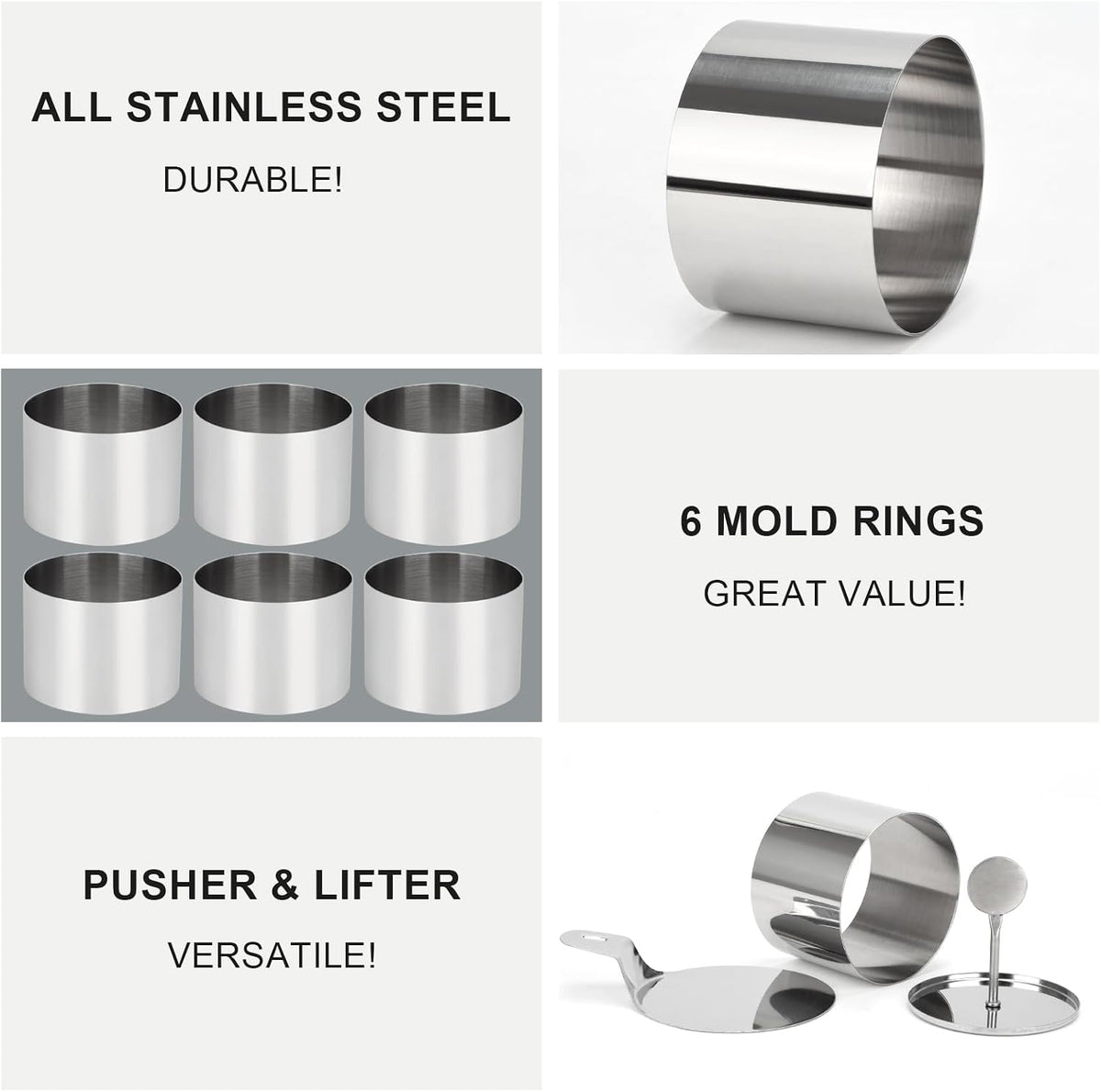 6 Pack Cake Ring Molds with 1 Pusher 1 Lifter, 3 Inch Seamless Mini Cheese Cake Cutter Ring Set, Stainless Steel Mini Food Mold for Mousse, Food Plating, Cookies, Baking (Round)