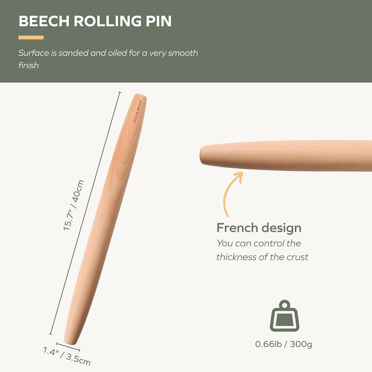 muso wood Wooden Rolling Pin for Baking, Beech Wood Tapered Rolling Pin