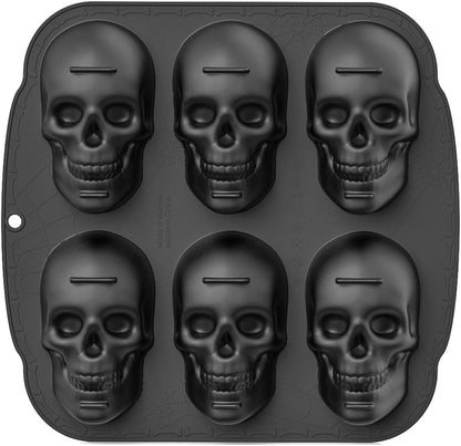 6 Cavities Large Skull Cake Pan Silicone Mold - 3D Skull Ice Cube Mold, Halloween Silicone Molds Bpa Free for Chocolate, Jelly, Wax Melt, Ice Cubes, Gelatin and Resin
