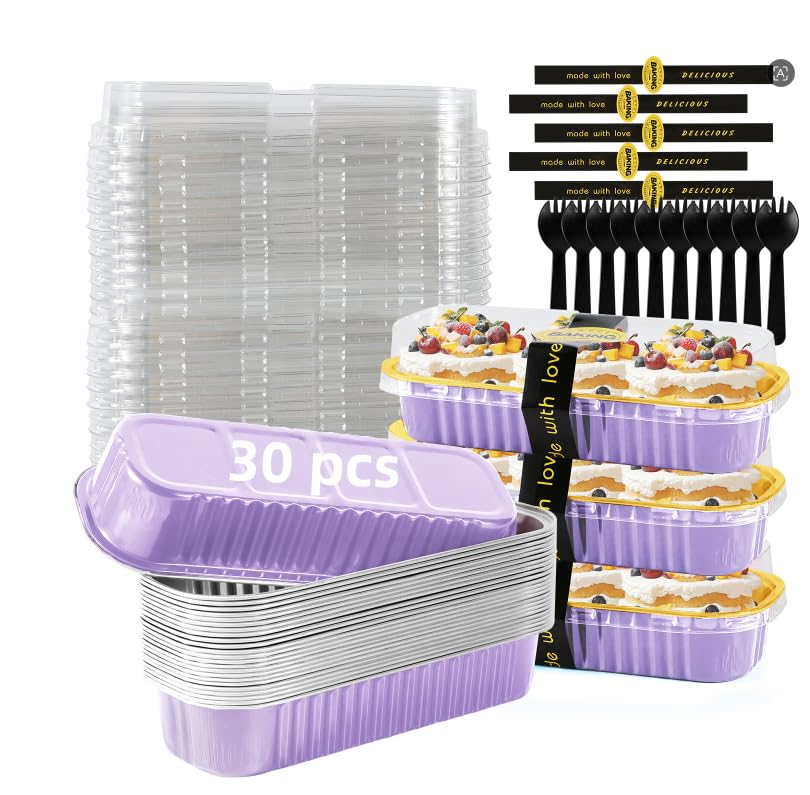 Mini Loaf Pans with Lids and Spoons Sealing Sticker,6.8oz Cake Pans for Baking Disposable Aluminum Foil Pink/Red cake pan (30, Pink)