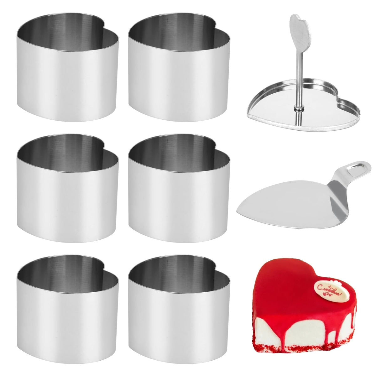 6 Pack Cake Ring Molds with 1 Pusher 1 Lifter, 3 Inch Seamless Mini Cheese Cake Cutter Ring Set, Stainless Steel Mini Food Mold for Mousse, Food Plating, Cookies, Baking (Round)
