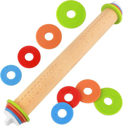 Wood Rolling Pin with Thickness Rings, Adjustable Wooden Rolling Pins for Baking, Dough Roller Pins for Cookie Pastry Tools Cake Baker, Fondant Roller for Decorating Bakery Supplies Kitchen Gadgets