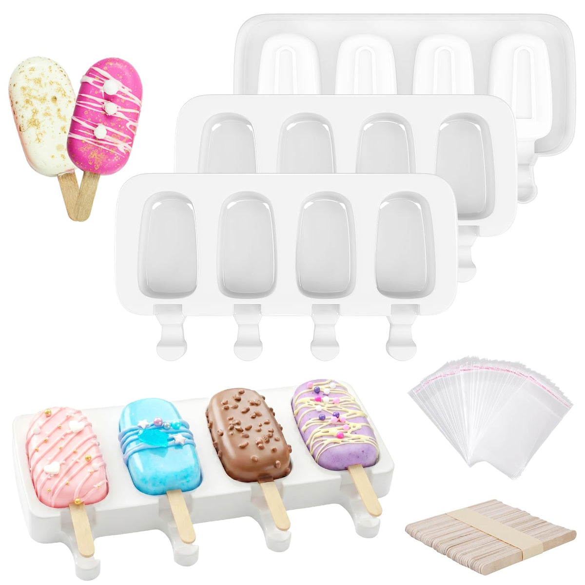 Popsicle Molds Set of 3, 12 Cavities Silicone Cake Pop & Cakesicle Mold
