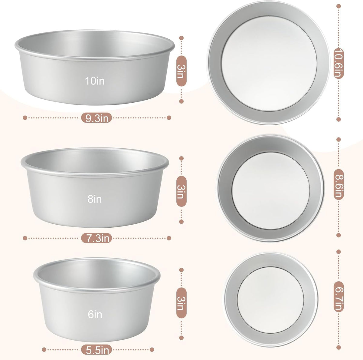 Round Cake Pan with Removable Bottom, Set of 3 (6 x 3 inch/8 x 3 inch/10 x 3 inch), Aluminum Baking Pans for Layer Cakes, Evenly Heating Tools for Home Kitchen, Tapered Side