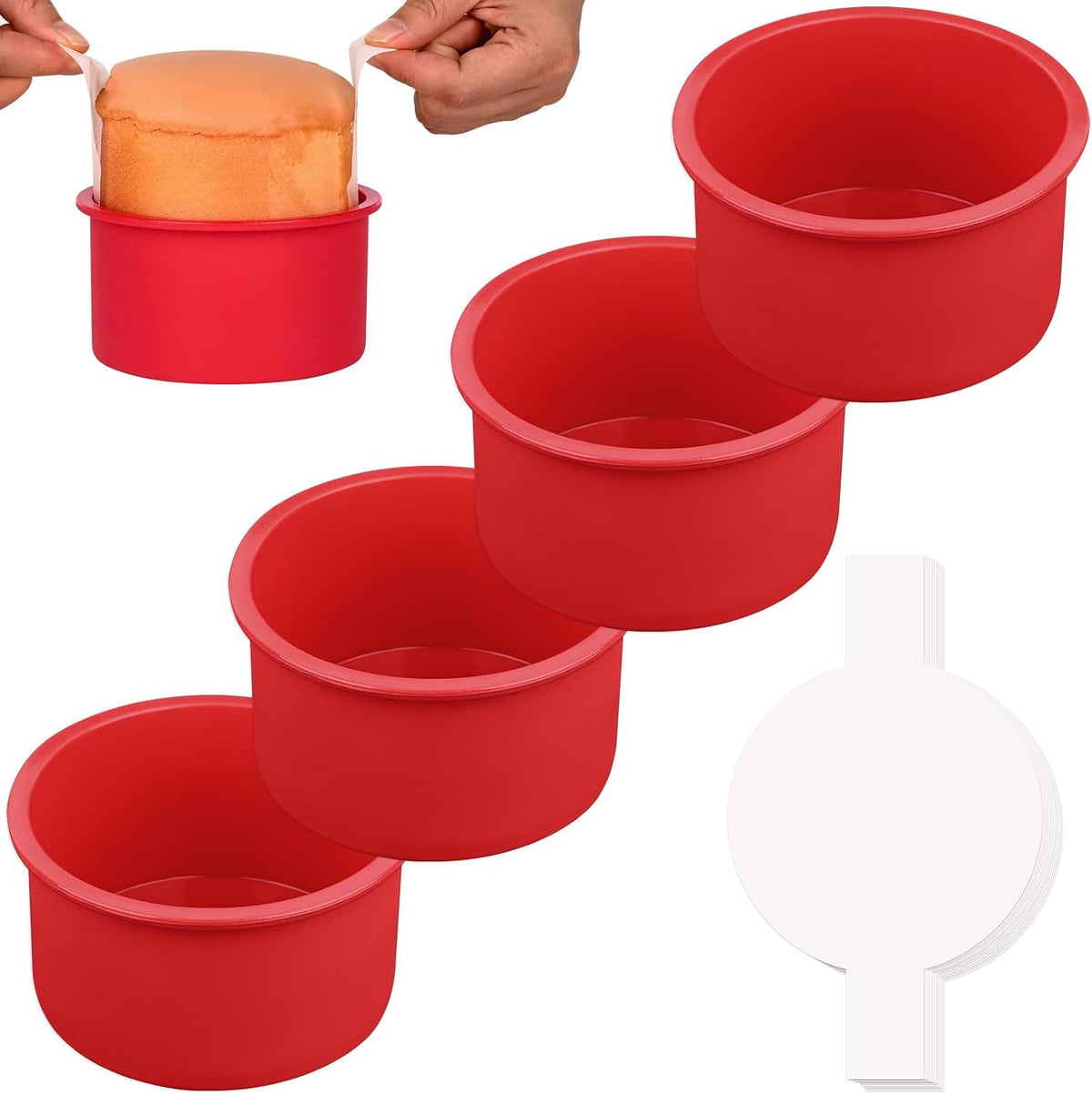 HUAKENER 4 Inch Cake Pan, 4 Pack Silicone Cake Molds with Parchment Paper ﻿
