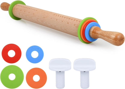 Rolling Pin with 4 Adjustable Thickness Rings and Long Handle 13.6 Inch Wooden Dough Roller for Baking, Dough, Cookie, Cake, Fondant, Pizza and Pie Crust