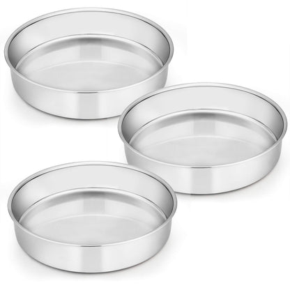 E-far 8 Inch Cake Pan Set of 3, Stainless Steel Round Layer Cake Baking Pans, Non-Toxic & Healthy, Mirror Finish & Dishwasher Safe