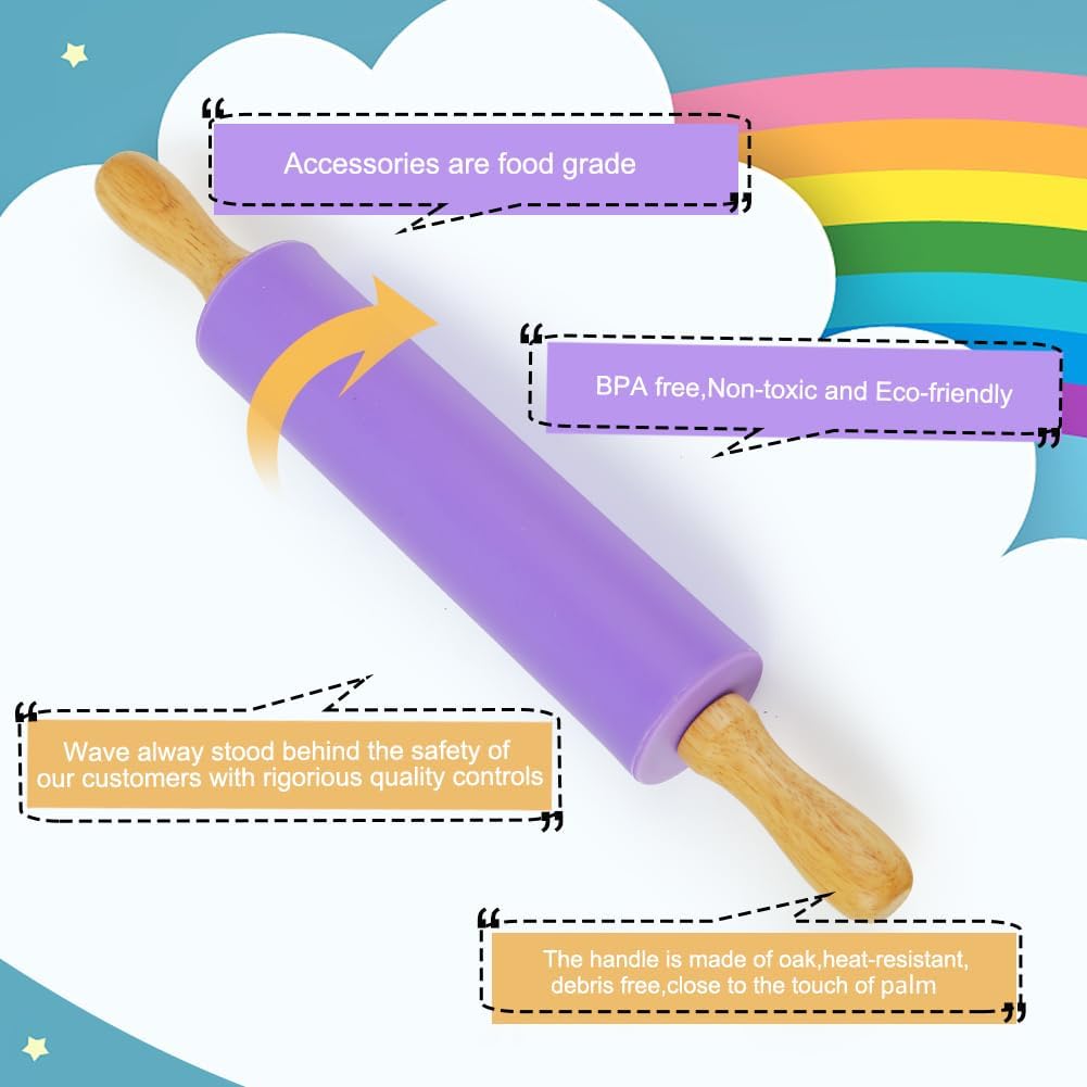 Koogel Rolling Pin for Baking, 12 Inch Non-Stick Silicone Surface, Wooden Handle Rolling Pin for Baking Pies, Pastry, Cookies, Kitchen Essential